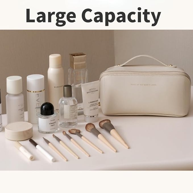 Large Capacity Makeup Bag Portable Travel Cosmetic Bag Opens Flat for Women Girls Makeup Pouch Portable Zipper Bag (Cream White)