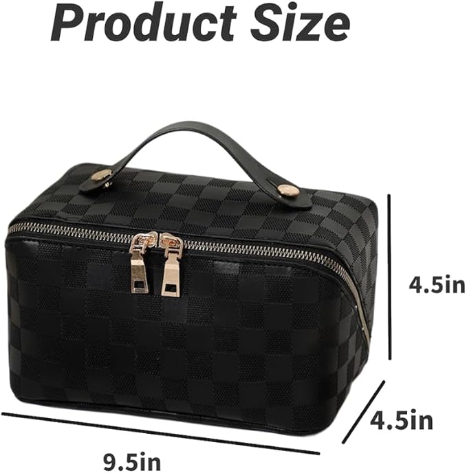 Large Capacity Makeup Bag Portable Travel Cosmetic Bag for Women Girls Gift Makeup Pouch Portable Zipper Bag (Black Checkered - upgrade)