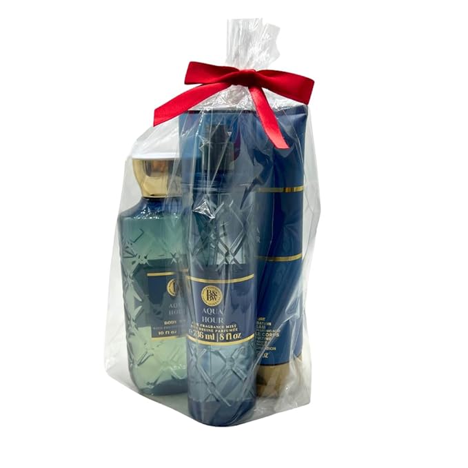 Bath & Body Works AQUA HOUR Fine Fragrance Mist, Ultimate Hydration Body Cream & Body Wash 3-piece Gift Set with a Red Bow for Holidays - Full Size