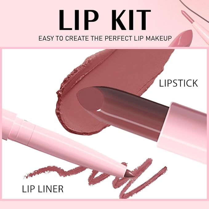 2 in 1 Matte Lipstick Lip Liner Pencil Set,Red Brown Waterproof Lip Stick Lip liner Combo for Old Women Long Lasting Lipstick,labiales mate 24 horas originales