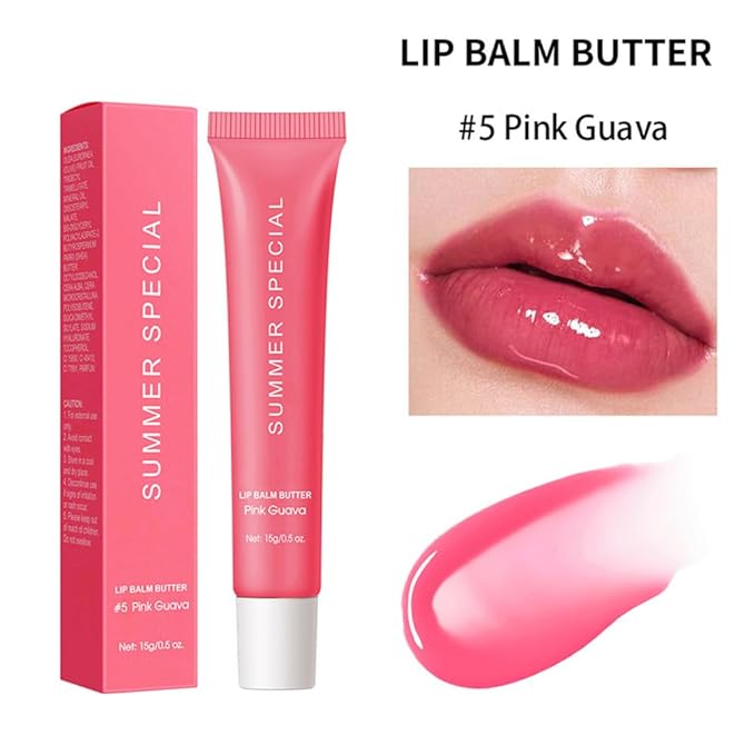 Summer Lip Glossy Butter Balm, Instant Moisture Pink Tint, Non-Sticky, Conditioning Formula to Soothe & Repair Dry, Chapped Lips, Jelly Lip Stain with Natural Scent (#5Pink Guava, 1Pc)