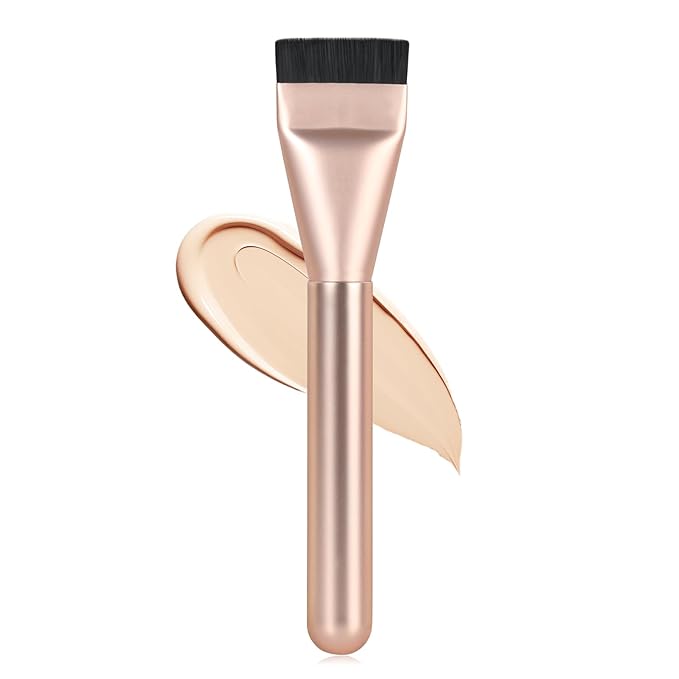 Flat Foundation Brush for Liquid Makeup,14CM Premium Fast Flawless Flat Top Kabuki Makeup Brushes Face Cosmetics Concealer Brush for Liquid, Blending, Powder, Cream, Powder, Blush, Buffing Rose Gold