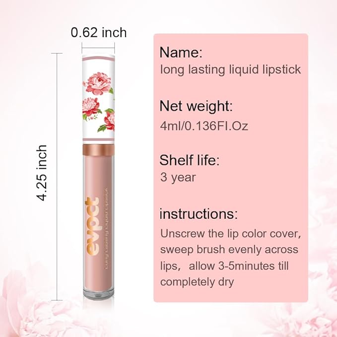evpct 1Pcs Nude Matte Liquid Lipstick Lip Stain Sets for Women, Peony Flower Nude Brown Pink Matte+Lipstick Long Lasting Permanent 24 hr Hours Magic Lipstick 24 Hours original Waterproof, 01#