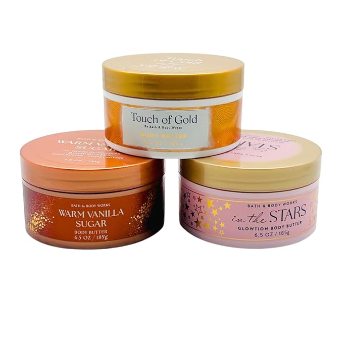 Bath & Body Works Golden Bundle 3-Pack Body Butter Gift Set – In The Stars Glowtion, Touch of Gold & Warm Vanilla Sugar 6.5 oz each with 30-Inch Metallic Gold & Silver Striped Bow for Holidays