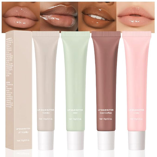 4Pcs Summer Lip Butter Balm Lip Gloss, Ultra-Hydrating Natural Vegan Lip Balm, Sheer-Tinted Shine & Hydration, Soothes & Softens Dry Lips Skincare, Bálsamo labial hidratante (#1+2#+3#+4#)
