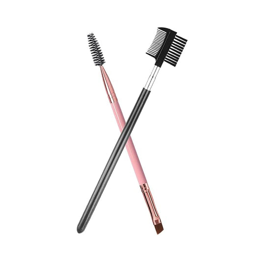 Duo Eyebrow Brush and Eyelash Comb Set - Professional Angled Brow Brush and Spoolie - Black and Pink