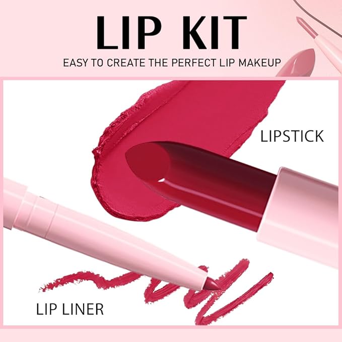 2 in 1 Matte Lipstick Lip Liner Pencil Set,Red Waterproof Lip Stick Lip liner Combo for Old Women Long Lasting Lipstick Crayon,labiales mate 24 horas originales