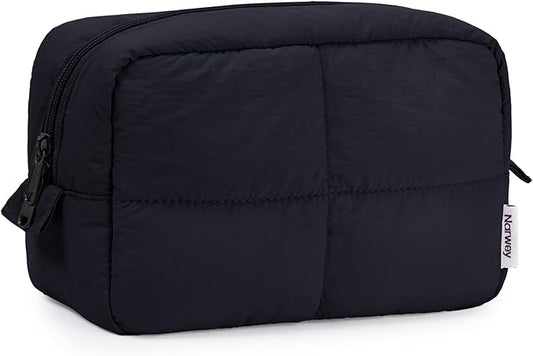 Narwey Puffy Makeup Bag for Travel Women Girl, Quilted Makeup Bag Cosmetic Bag, Cute Puffer Make Up Organizer Bags, Travel Toiletry Bag Toiletries (Black)