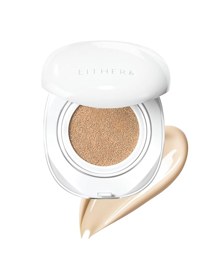 EITHER& Glow Pixel Cushion Foundation, Skincare Formula, Dewy Glass Skin, Lightweight & Long-Lasting 100H Wear, Buildable Hydrating Korean Cushion (17N Vanilla, 12g)