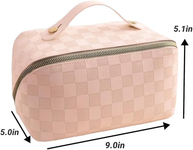 Large Capacity Checkered Makeup Bag Portable Travel Cosmetic Bag for Women Girls Makeup Pouch Portable Zipper Bag (Pink-Checkered)