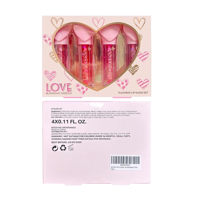 4pc Heart Charm Lip Gloss Stick for Girls - Glossy Fruity Lip Set | Non Toxic Party Favors, Teen Makeup Gift with Cute Topper (4 Pack)