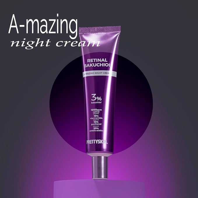 PRETTYSKIN Retinal Bakuchiol At-home Night Cream Moisturizer for Face | Reduce Wrinkles & Fine lines, Elasticity, Tone-up, Anti-aging, Centella Asiatica Extract 30%, Retinal 1,000 ppm (30g)