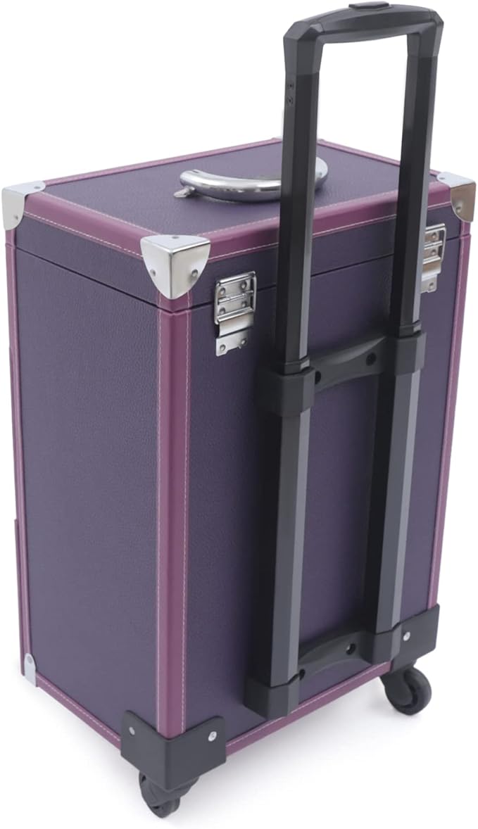 Makeup Train Case, Rolling Makeup Trolley Case, 3 Tiers Lockable Nail Polish Organizer with 2 Keys 4 Wheels (2 with Brakes) for Travel Makeup Artists Nail Technicians (Purple Case, Silver Lock)