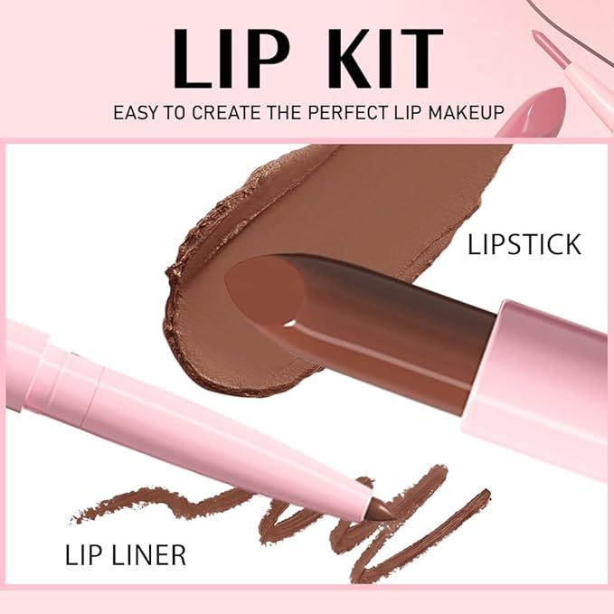 2 in 1 Matte Lipstick Lip Liner Pencil Set,Dark Brown Waterproof Lip Stick Lip liner Combo for Old Women Long Lasting Lipstick,labiales mate 24 horas originales