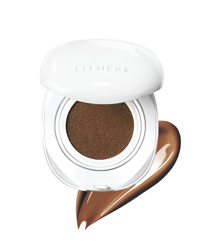 EITHER& Glow Pixel Cushion Foundation, Skincare Formula, Dewy Glass Skin, Lightweight & Long-Lasting 100H Wear, Buildable Hydrating Korean Cushion (32N Caramel, 12g)