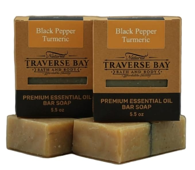 Traverse Bay Bath and Body Black Pepper Turmeric Soap, All Natural Cold Process Essential Oil, Spicy Ginger Pepper Scent, 2 Bars, 11+ oz