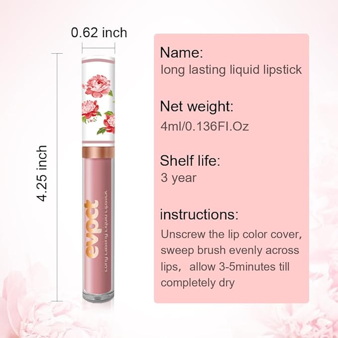 evpct 1Pcs Nude Pink Matte Liquid Lipstick Lip Stain Sets for Women, Peony Flower Brown Red Matte+Lipstick Long Lasting Permanent 24 hr Hours Magic Lipstick 24 Hours original Waterproof, 03#