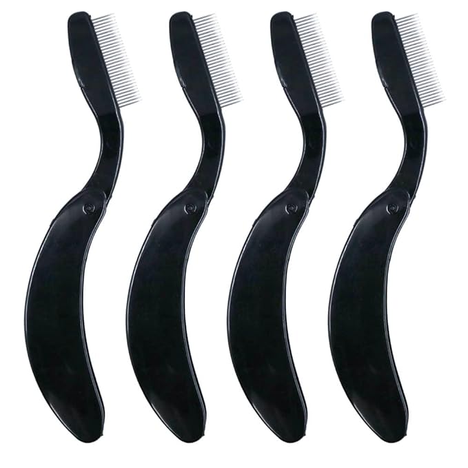 G2PLUS 4PCS Folding Eyelash Comb, Eyebrow Comb Metal Teeth, Eyelash Separator Comb, Eyelash Brush and Comb, Professional Tool for Define Lash & Brow (Black)