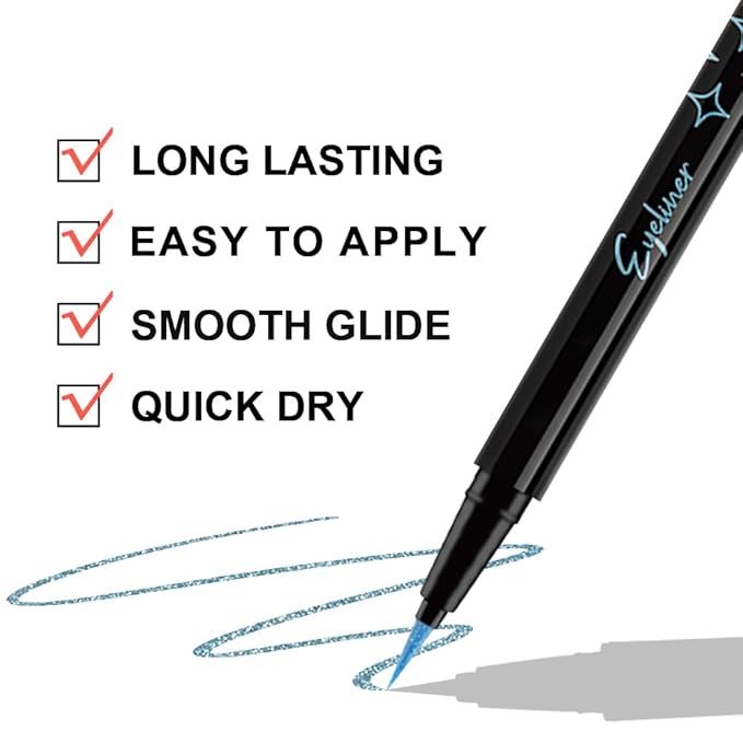 evpct 1Pcs Sky Blue Glitter Shimmer Liquid Eyeliner Eye Makeup Pencil Pen, Pearl Blue Chrome Eyes Liner Face Glitter Makeup Fake Eyelashes Mascara Accessories, Sparkle Metallic Eyeliner Pen Waterproof