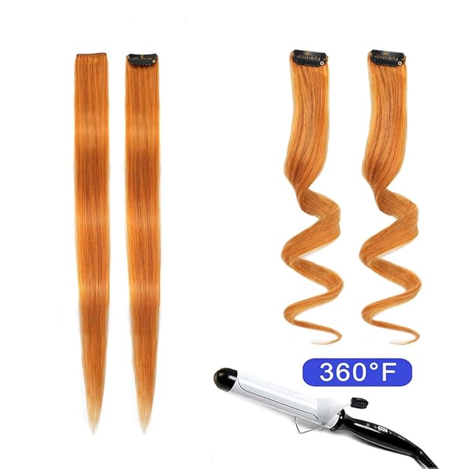 Winsky Dark Orange Clip in Hair Extensions 100% Real Human Hair - Straight Highlights Colored Clip on Christmas Hairpieces 5 Pieces/Set (18inch, Dark Orange)