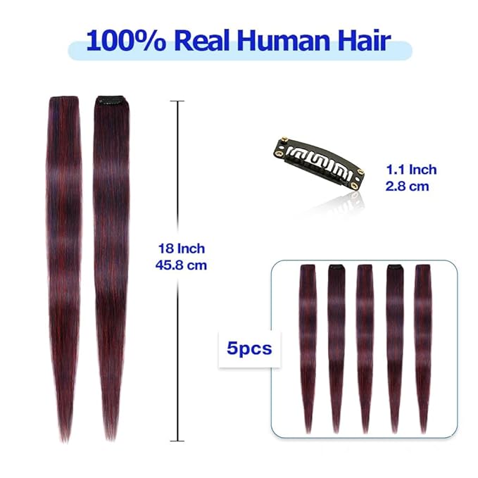 Winsky Purple-blue Clip in Colored Hair Extensions 100% Real Human Hair Straight Highlights Girls Clip on Hairpieces 5 Pieces/Set (18inch, Purple-blue)