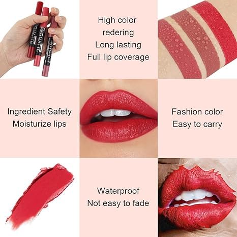 Generic Deep Dark Red Matte Lipstick and Lip Crayon Liner Pencil Pen Set for Women Lip Stain Long Lasting Waterproof labiales (1, 1Pcs 13# Red)