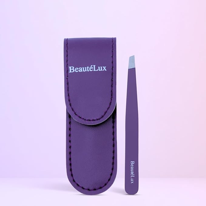 Slant Tip Eyebrow Tweezer for women & men, Stainless Steel Tweezers, Stocking Stuffer for women & men Facial Hair Removal tweezers for Chin hair, Ingrown Hair tweezer, Purple Travel tweezers with case