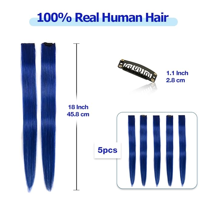 Winsky Blue Clip in Hair Extensions 100% Real Human Hair - Straight Highlights Colored Clip on Christmas Hairpieces 5 Pieces/Set (18inch, Blue)