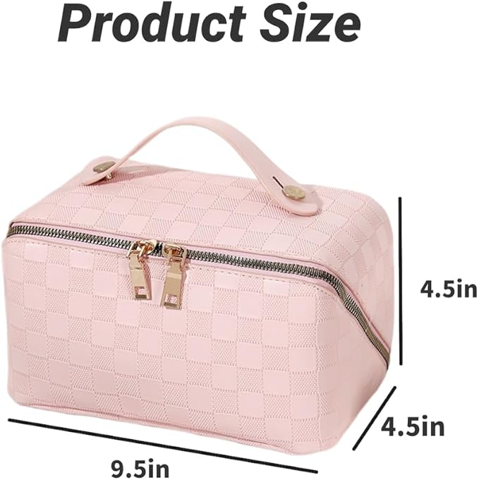 Large Capacity Makeup Bag Portable Travel Cosmetic Bag for Women Girls Gift Makeup Pouch Portable Zipper Bag (Pink Checkered - upgrade)