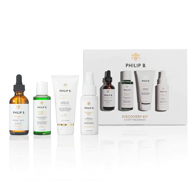Philip B. 4 Step Discovery Kit - Includes Peppermint Avocado Shampoo, Rejuvenating Oil, Detangling Toning Mist & Lightweight Deep Conditioner, 2 fl oz Each