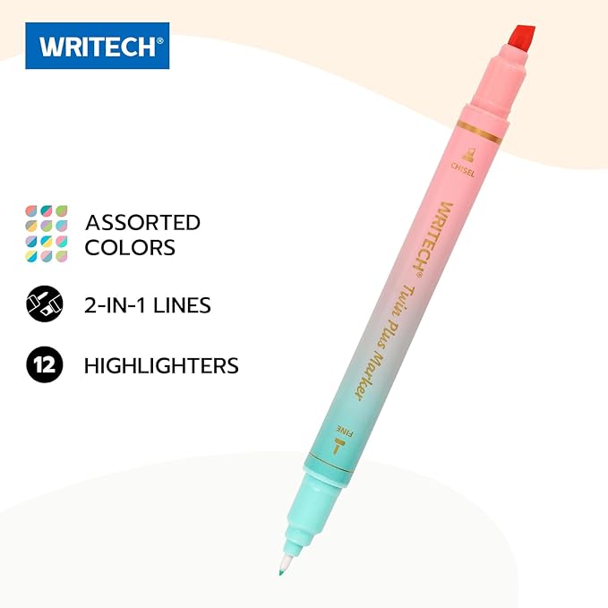 WRITECH Dual Tip Highlighter Markers: Aesthetic Fine & Chisel Tip Assorted Pastel Colors Marker Multicolor Pens Pack for Bible Highlighting Journaling Drawing 12ct