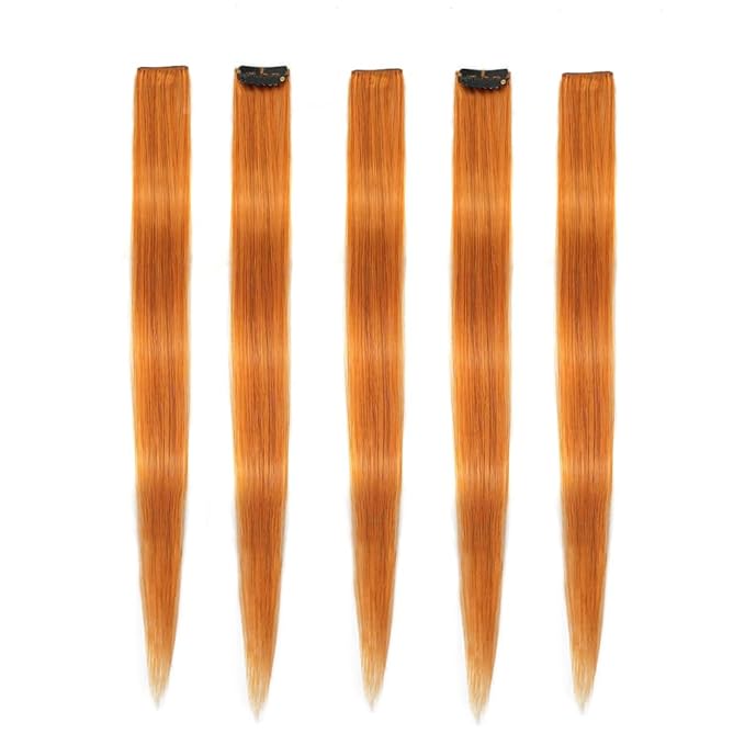 Winsky Dark Orange Clip in Hair Extensions 100% Real Human Hair - Straight Highlights Colored Clip on Christmas Hairpieces 5 Pieces/Set (18inch, Dark Orange)