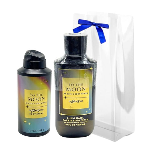 Bath & Body Works TO THE MOON Men's Body Spray & 3-in-1 Hair, Face & Body Wash 2pc bundle Gift set With a Blue Bow for Holidays - Full Size