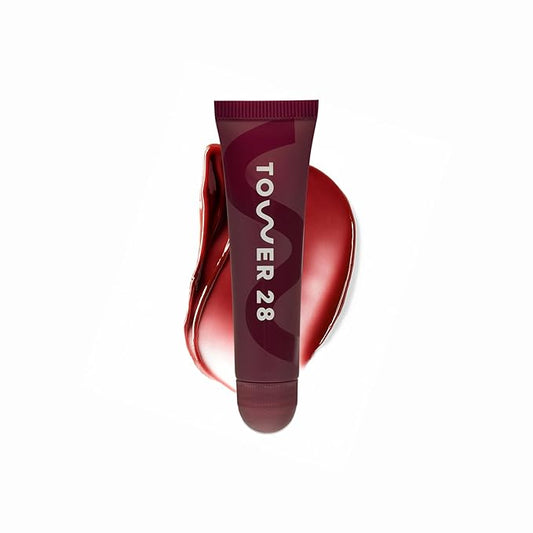 Tower 28 LipSoftie Hydrating Tinted Lip Treatment Balm, Moisturizing Lip Mask for Chapped Lips - Ube Vanilla Flavor, Sheer Burgundy Gloss