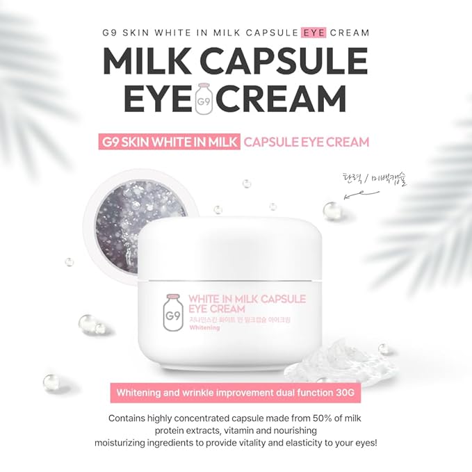 G9SKIN White In Milk Capsule Eye Cream - Lightweight Daily Eye Care Hydrating Brightening Korean Eye Cream for Dark Circles & Fine Lines, 30g