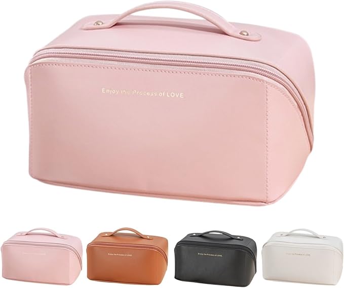 Large Capacity Makeup Bag Portable Travel Cosmetic Bag Opens Flat for Women Girls Makeup Pouch Portable Zipper Bag (Rose Pink)