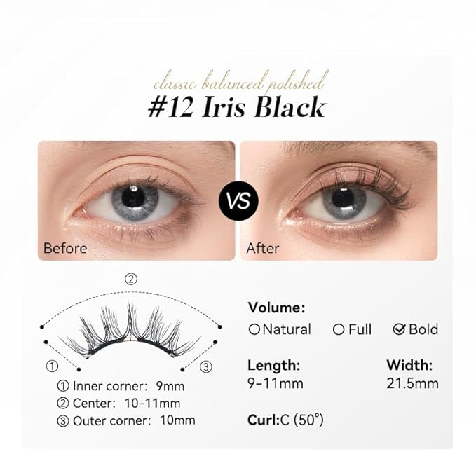 WOSADO Soft Magnetic Eyelashes Kit with Applicator, No.12 Iris Black, Reusable Glue-free Wispy Magnetic Lashes, Cruelty-free False Lashes, Waterproof, Lightweight, Suit for Heavy Makeup