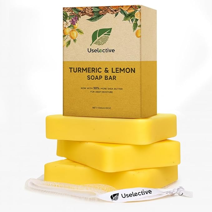 Lemon & Turmeric Glow Soap Bar - Brightening Bar for Dark Spots & Acne Scars, with Kojic Acid, Vitamin C, Retinol, Shea Butter -30% Larger & SLS Free, for Oily & Dry Skin - 3 Pcs