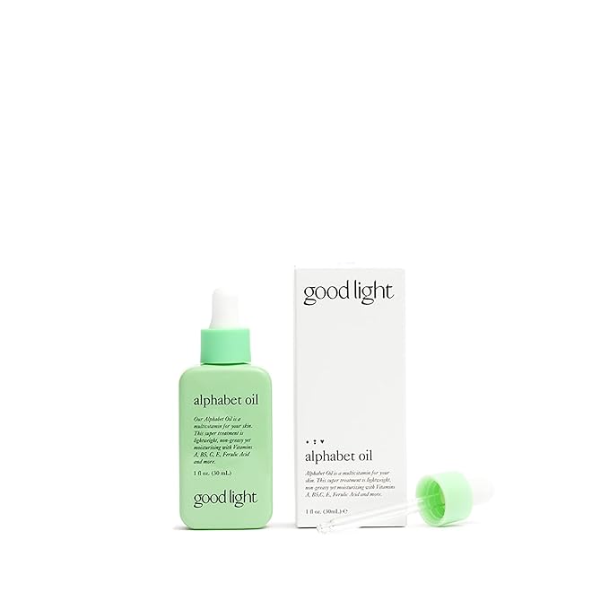 good light Alphabet Oil. Lightweight & Non-Greasy For Oily, Acne Prone Skin. Use Daily For Face, Neck, Chest, & Hands. Made With Vitamin C, Vitamin E, and Jojoba Oil. Vegan Korean Skin Care, 1 Fl. Oz.