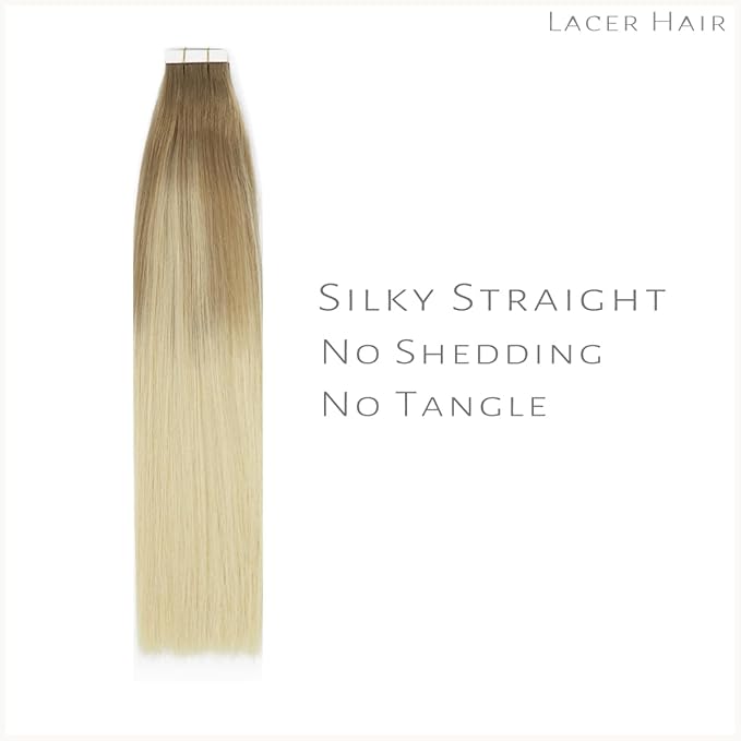 Lacer Hair Extensions Real Human Hair Tape in Balayage Light Brown to Platinum blonde Real Virgin Tape in Hair Extensions Human Hair PU Skin Weft Double Side 50g 20pcs/set 16 Inches