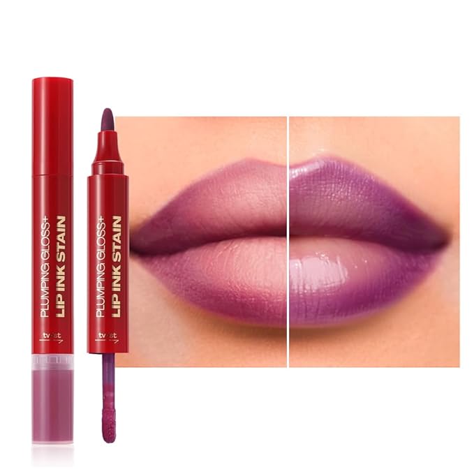 Purple Dual-Ended Liquid Watercolor Lip Liner & Hydrating Tinted Lip Oil, Highly Pigmented Long Lasting Lip marker pen, Smudge Proof Natural Finish, Precise Chisel Tip Marker 05#