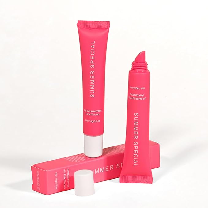 Summer Lip Glossy Butter Balm, Instant Moisture Pink Tint, Non-Sticky, Conditioning Formula to Soothe & Repair Dry, Chapped Lips, Jelly Lip Stain with Natural Scent (#5Pink Guava, 1Pc)