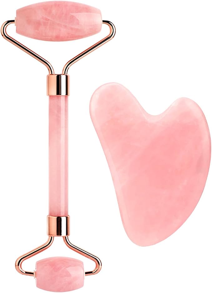 HOTACE Jade Roller Gua Sha Set Natural Rose Quartz Jade Roller for Face Beauty Facial Roller Massager Tools Face Skin Care Tools-Pink