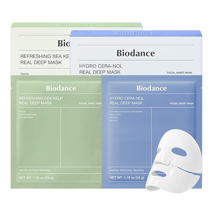 BIODANCE Repair Calming Mask Duo Set: Ceramide Panthenol & Sea Kelp Real Deep Mask, Hydrating, Calming, Soothing Face Mask for Sensitive Skin, Korean Skincare Set, Christmas Gift Stocking Stuffers