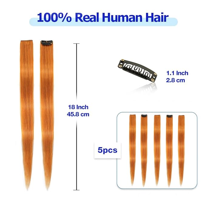 Winsky Dark Orange Clip in Hair Extensions 100% Real Human Hair - Straight Highlights Colored Clip on Christmas Hairpieces 5 Pieces/Set (18inch, Dark Orange)