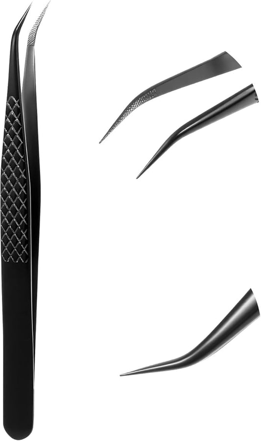 Lash Tweezers for Eyelash Extensions, Curved Degree Grip Isolation Tweezers Black Stainless Steel Professional Lash Tweezer for Individual Isolation and Classic Lashes
