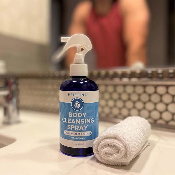 PRISTINE Rinse Free Waterless Body Cleansing Spray: Rinse Free Wash and Body Spray for Women and Men - a More Natural, Portable Shower and Wipes Alternative - Fresh Waters & Citron