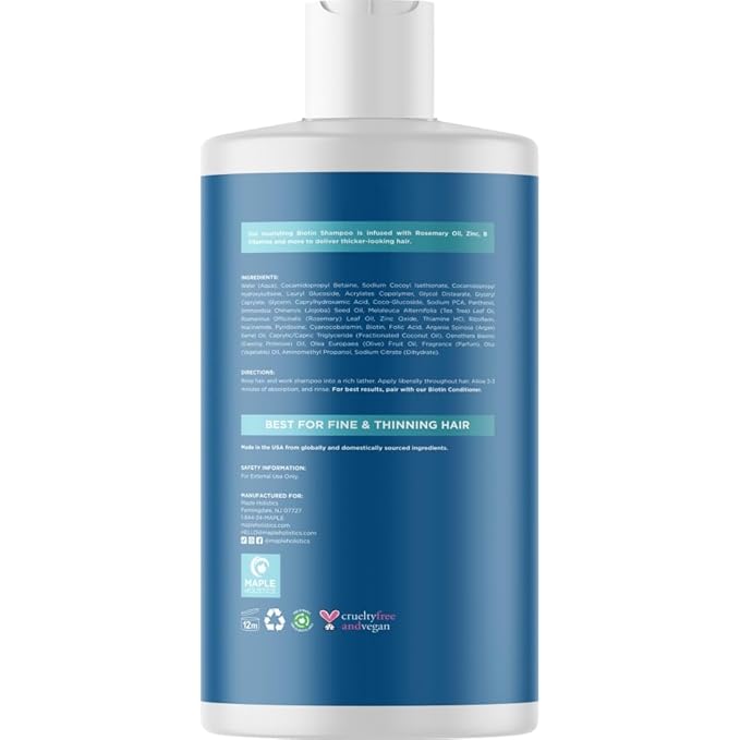 Rosemary and Biotin Shampoo for Thinning Hair - Vegan Volumizing Shampoo for Fine Hair with B Vitamins Argan Oil & Tea Tree Essential Oil - Paraben Silicone and Sulfate Free Vegan Formula (16 Fl Oz)