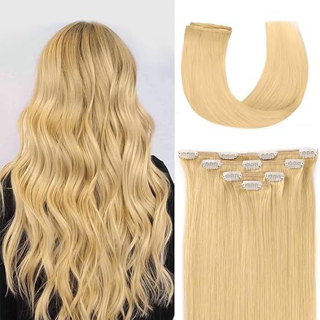 14" Clip in Hair Extensions Real Human Hair for Women - Silky Straight Human Hair Clip on 50grams 4pieces Bleach Blonde #613 Color