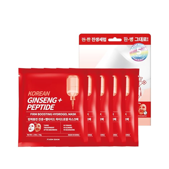 FARMSKIN Korean Ginseng + Peptide Firm Boosting Hydrogel Mask Set - Nourishing, Plumping & Hydrating Facial Masks for All Skin Types - Korean Skin Care for Fine Lines & Impurities (5EA, 1.19 oz)